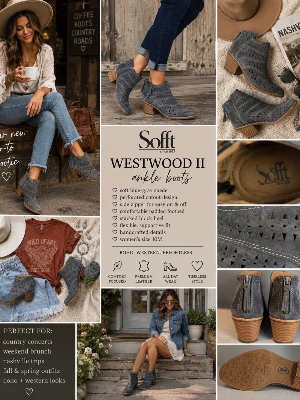 Sofft Westwood II Booties Y2K 10 Gray Blue Suede Boho Western Ankle Boots Cutout
